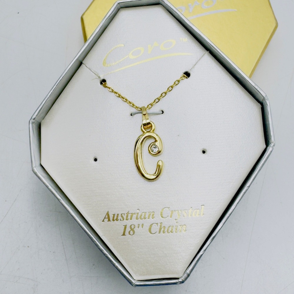 Vintage Coro Necklace Initial Letter C Pendant Gold Tone Dainty Chain Delicate